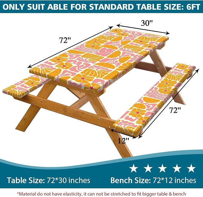 Picnic Table Covers with Bench Covers Boho Patchwork Orange Pink Flower Pattern Camping Tablecloth Fitted Picnic Table Cover with Elastic Windproof Waterproof, Camping Accessories Outdoor, 96In 3PCS