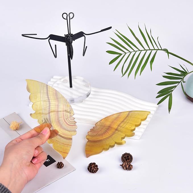 JIC Gem Large Yellow Fluorite Crystal Butterfly Art Cute Gemstone Butterfly Decorative Yellow Crystal Butterfly Wings with Stand Reiki Healing and Crystal Grid Meditation Decor Gifts (1pair, 17-18cm)