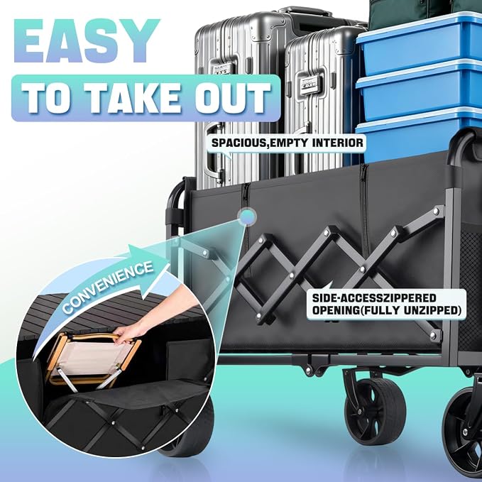 500LBS Collapsible Wagon Cart Foldable - 230L Large Heavy Duty Utility Cart with 360°Swivel Brake Wheels, Lightweight Collapsible Wagon for Groceries Camping & Beach