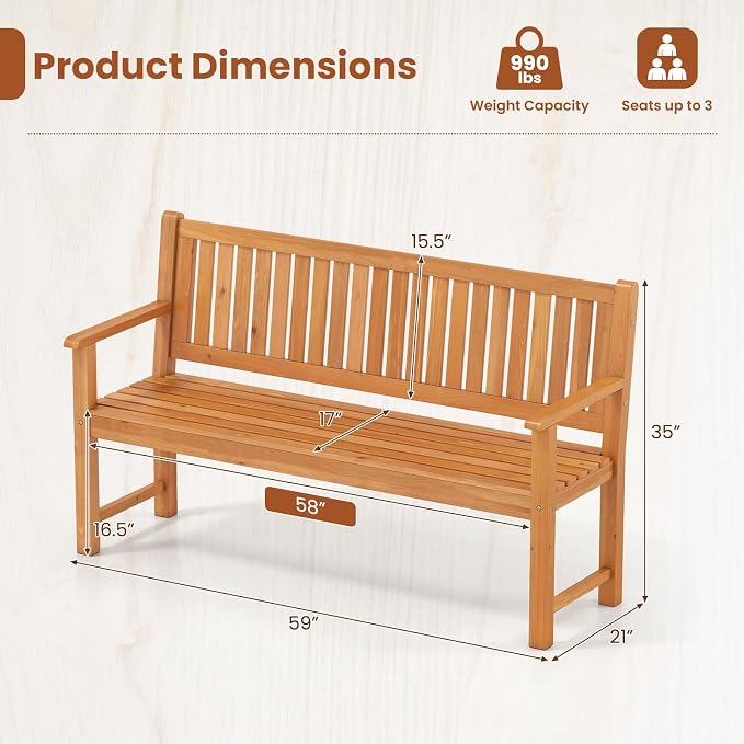 Tangkula 3-Seater Outdoor Wooden Bench, 59” Large Garden Bench with Backrest, Armrests, Slatted Seat, Loads up to 990 LBS, Fir Wood Bench Seating for Porch, Backyard, Deck, Poolside (59",Natural)