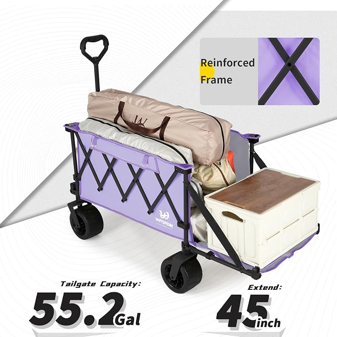 Whitsunday Collapsible Wagon with Tailgate and Big Wheel,Heavy Duty Utility Folding Wagons for Beach Camping Outdoor Purple