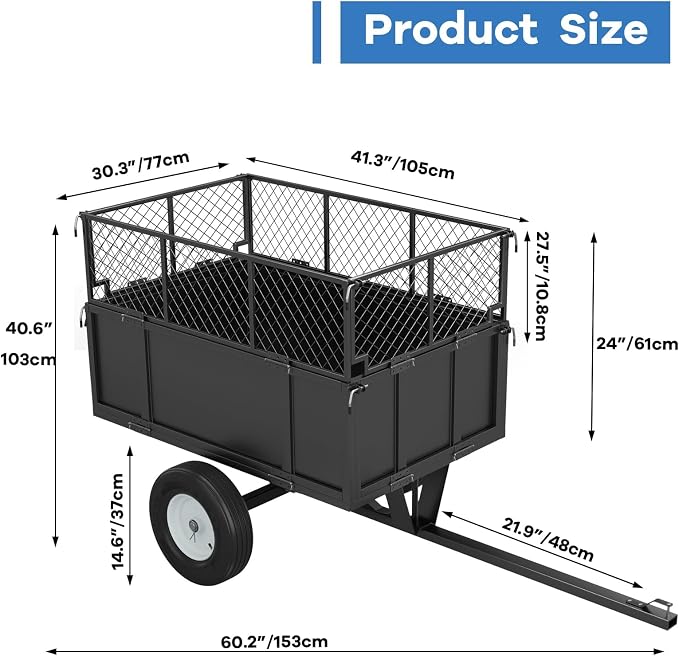 Heavy Duty 750LB Capacity Steel Dump Cart Trailer for ATV, 17 Cu.Ft Utility Garden Wagon, 2 Wheels, Durable Tow-Behind for UTV, Lawn Mower, Tractor, Landscaping