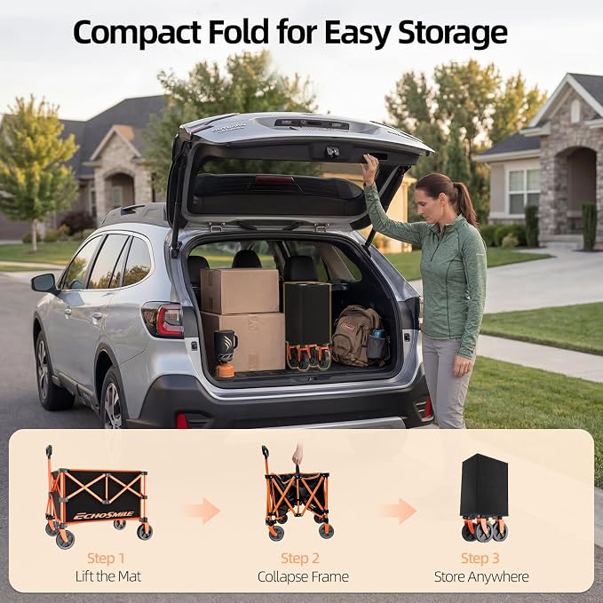 EchoSmile Lightweight Collapsible Wagon Cart, Compact Foldable Wagon for Grocery, Camping & Sports, Easy Fold Utility Wagon,Black&Orange