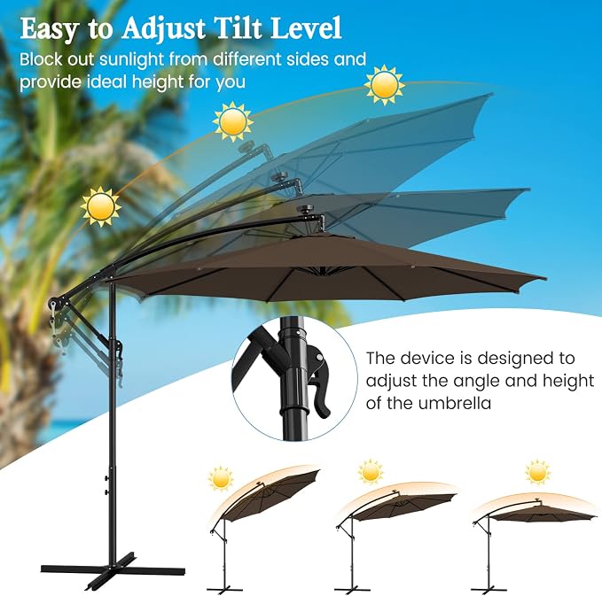 HAPPYGRILL 10FT Cantilever Patio Umbrella with Solar Lights, Outdoor Hanging Offset Umbrella with 112 LED Lights, Tilt Design, Crank Handle, Cross Base Stand for Garden Yard Deck