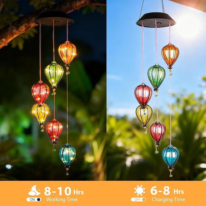 Solar Wind Chimes for Outside, Hot Air Balloon Solar Lights Outdoor Colorful Hanging Decor with 30 Warm White LEDs, Auto On/Off Light Sensing Waterproof Garden Gifts for Mom Grandma Women