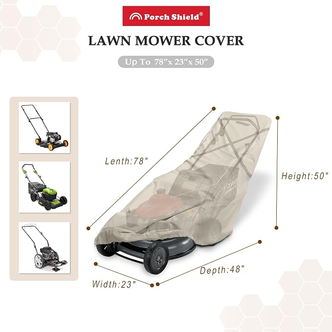 Porch Shield Lawn Mower Cover -Water Resistant Universal Lawnmower Storage Cover Fitting Push Walk-Behind Mower (Up to 22 Inches Wide, LightTan)