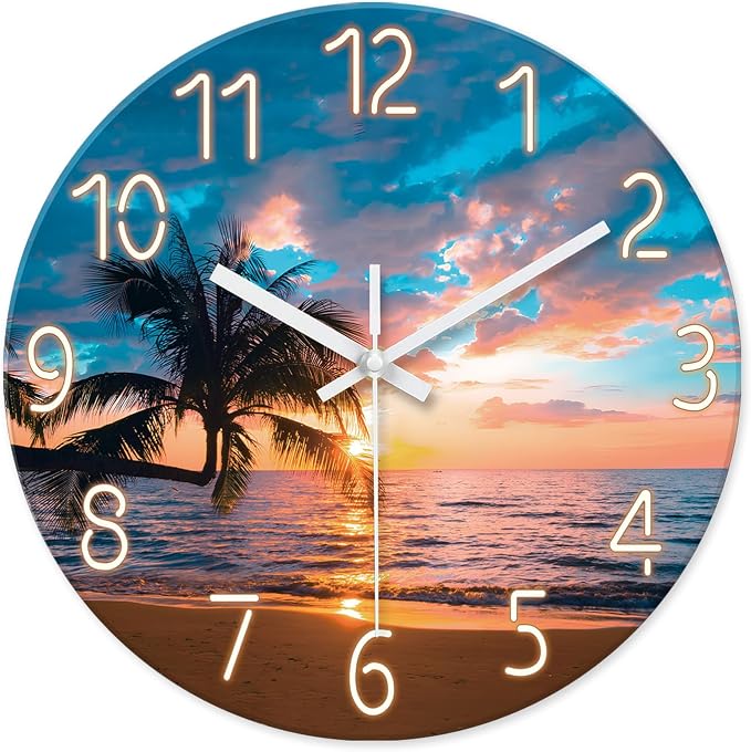 XFM Beach Wall Clocks Battery Operated 16 Inch Palm Tree Wall Clocks for Living Room Bedroom Big Round Glass Silent Wall Clock Non Ticking Sunset Tropical Seashore Clock
