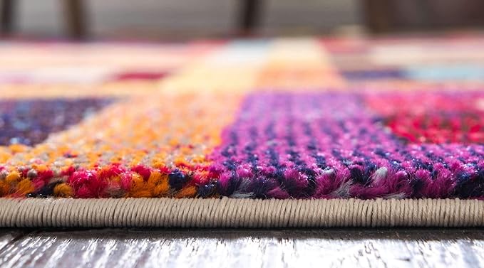 Unique Loom Estrella Collection Colorful, Geometric, Squares Modern, Abstract Area Rug (6' 0 x 6' 0 Round, Multi/Beige)