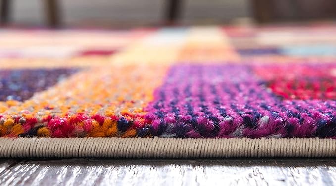 Unique Loom Estrella Collection Colorful, Geometric, Squares Modern, Abstract Area Rug (8' 0 x 8' 0 Round, Multi/Beige)