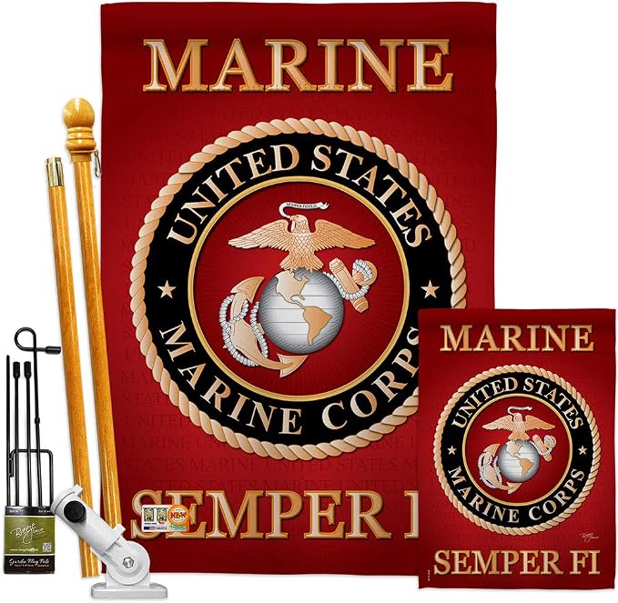 Breeze Decor FK108057-BO Marine Corps Americana Military Decorative Vertical Flags Kit, House & Garden Set w/Flagpole, Multi-Color