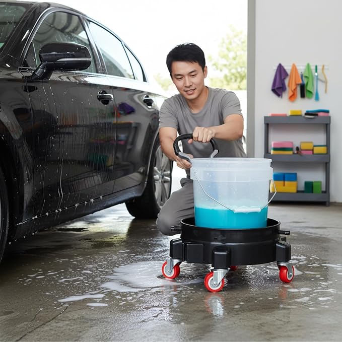 5 Gallon Bucket Dolly with 2 Lockable Swivel Casters, Adjustable Side Screws Secure Bucket, 300LB Capacity, Smooth Rolling Mobile Base, Easy Assembly for Car Wash Detailing & Gardening
