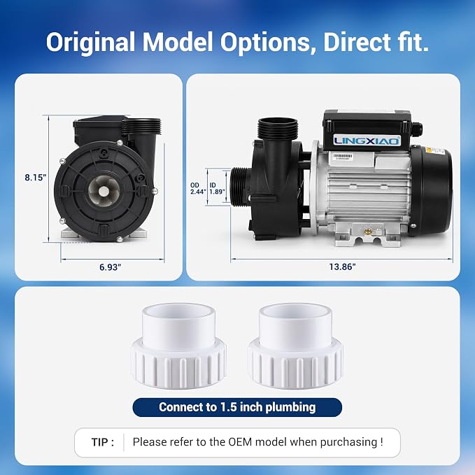 Hot Tub Circulation Pump, 0.35HP, 230V - Model: WTC50M-Long Snout | LX SPA Pump Motor, Low Noise, Easy Installation, 63GPM Compatible with OEM Model, Includes a 1.5-inch Unions.