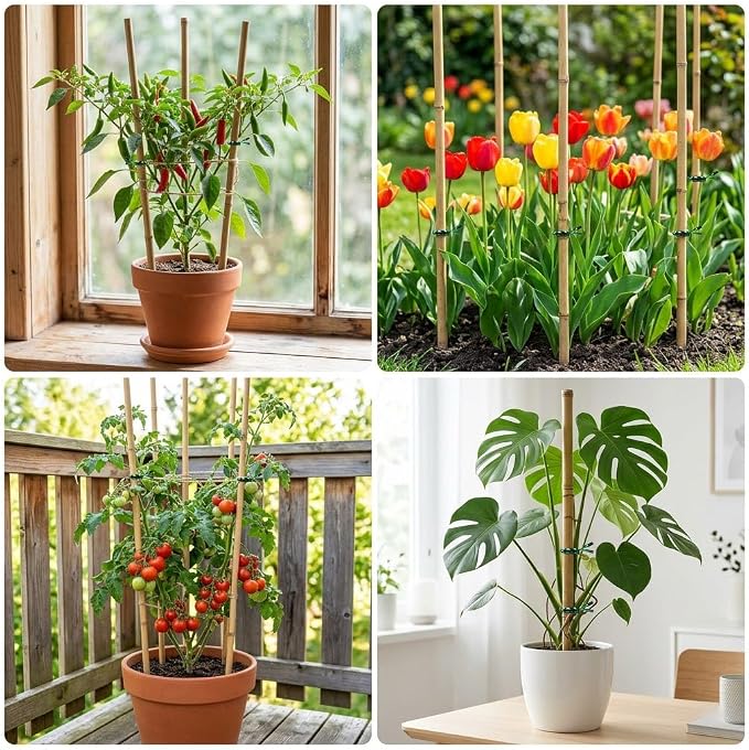 Plant Stakes Natural Bamboo Sticks - 25 Pcs Bamboo Garden Stakes for Plants 18 Inches Plant Support Sticks with Twist Ties for Tomatoes Beans Orchid Flowers Indoor Outdoor Potted Climbing Plants