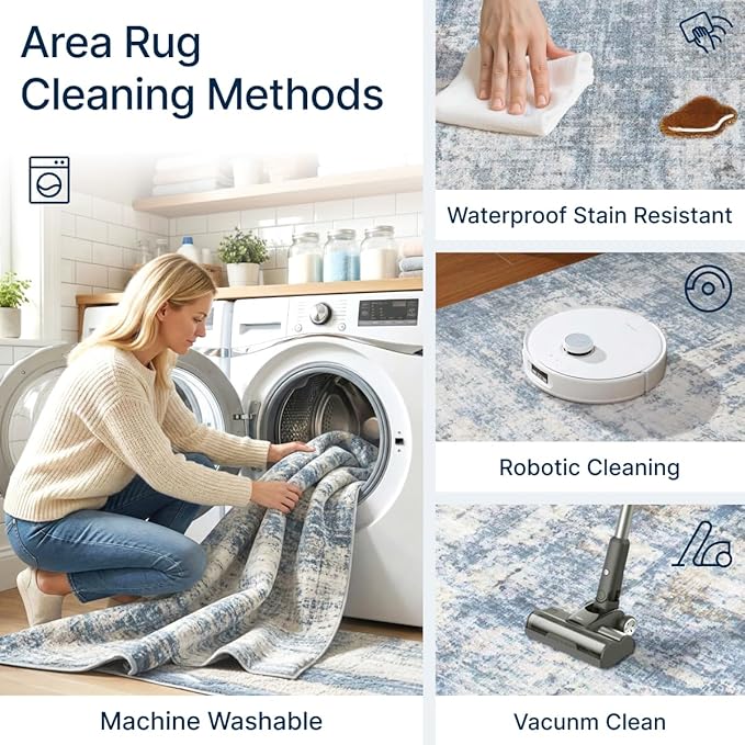 8x10 Area Rugs Washable Abstract Rug for Living Room Bedroom Blue | Non Slip Soft Carpets Coastal Indoor Floor Stain Resistant Large Carpet for Bedroom Dining Room Farmhouse Nursery Office