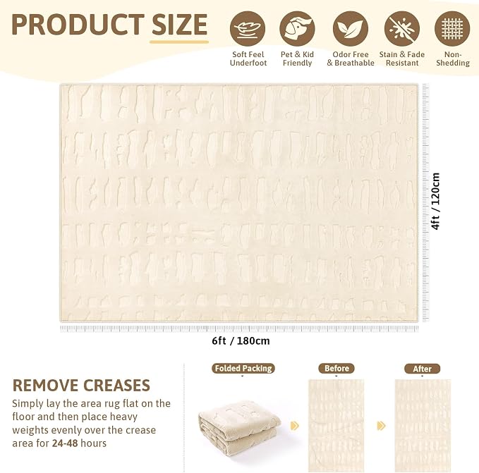 Yamaziot Washable 4x6 Area Rugs for Living Room Textured Non Slip Rug Beige | Modern High-Low Geometric Pattern, Soft Fluffy, Neutral, Minimalist Floor Carpet for Bedroom Dining Room Nursery Kids Room
