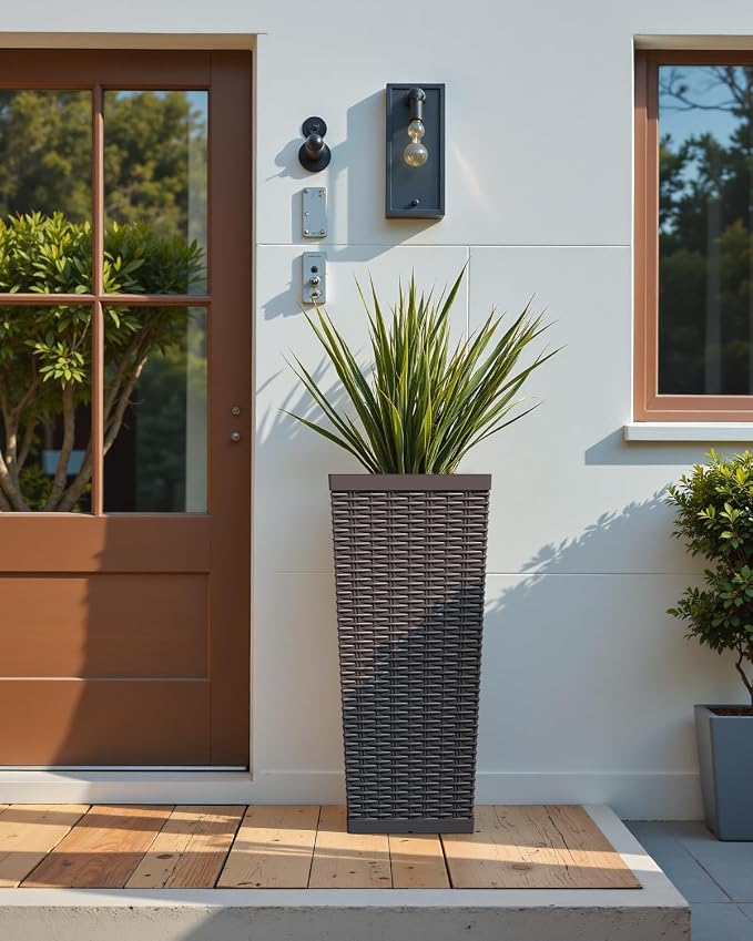 Greesum 23 Inch Tall Plastic Planters (Set of 2), Large Outdoor Flower Pots with Detachable Inner Pot & Drainage Holes for Plants, Trees, Patio, and Garden, Brown