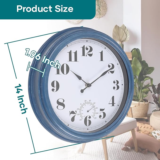 Outdoor Clock Waterproof 14 Inch Outdoor Clocks with Thermometer Combo Wall Clock Battery Operated Non-Ticking Blue Clocks for Patio Pool