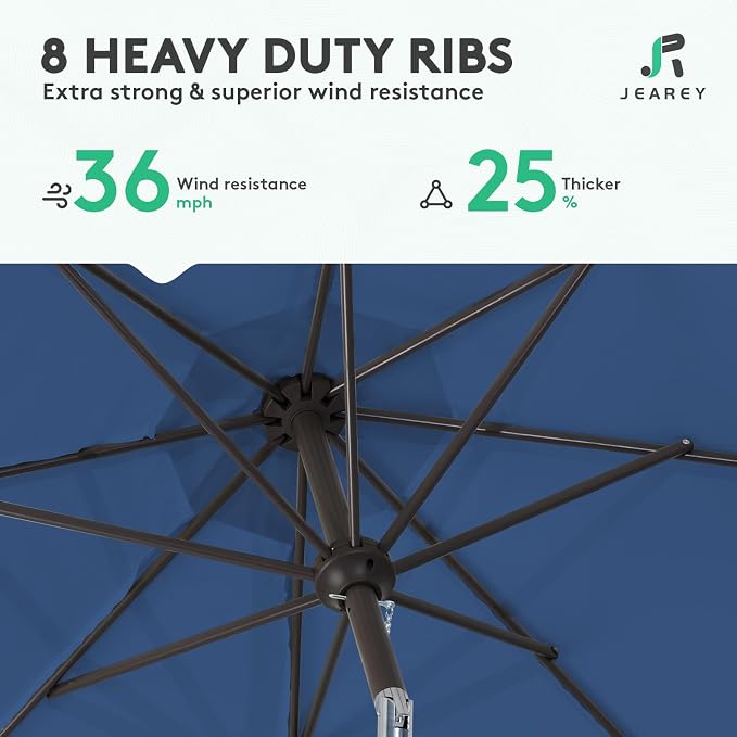 JEAREY 9FT Outdoor Patio Umbrella Outdoor Table Umbrella with Push Button Tilt and Crank, Market Umbrella 8 Sturdy Ribs UV Protection Waterproof for Pool, Deck, Backyard, Garden (Blue)