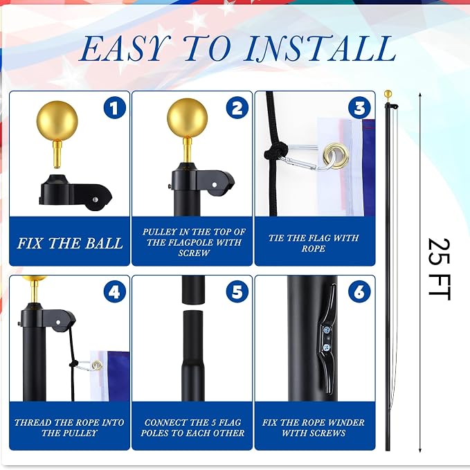 FuWeave Flag Poles for Outside House in Ground 25 ft Sectional Flag Pole Kit Extra Thick 16 Gauge Heavy Duty Aluminum Flag Pole with Gold Ball Top for Residential or Commercial(Black)