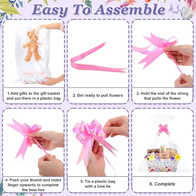 Qinyoung 12 Pack Spring Baskets for Gifts Empty Wildflower Gift Basket with Handles, Pull Bows, Cellophane Bags and Twist Ties for Easter Butterfly Dragonfly Wildflower Party Favor Supplies, 9.8x6.5''