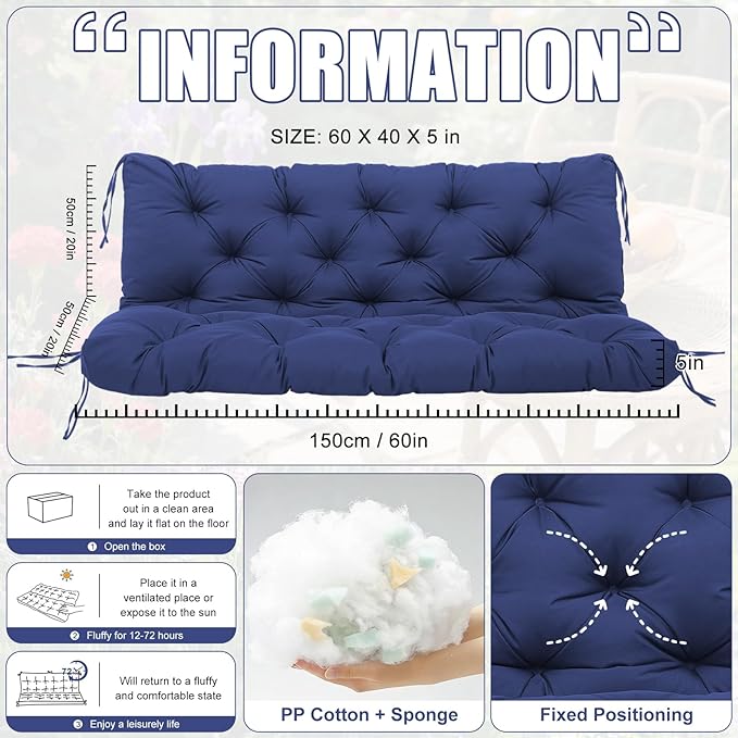 Swing Cushions 3 Seater Replacement Waterproof Outdoor Porch Swing Cushion with Backrest Extra Thick 5" Swing Cushions for Outdoor Furniture Patio Bench Garden Backyard (Navy Blue 60x40x5inch)