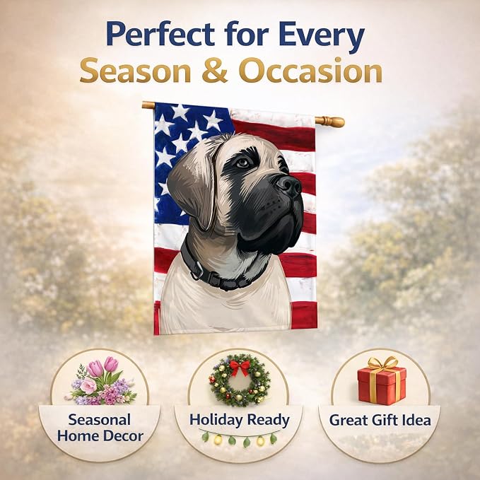 Caroline's Treasures CK6513CHF English Mastiff Dog American Flag House Flag Large Porch Sleeve Pole Decorative Outside Yard Banner Artwork Wall Hanging, Polyester, House Size, Multicolor