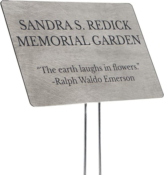 Outdoor Metal Garden Sign, Label, or Memorial. 4 x 2" or 6 x 4" sign with rounded corners and a 10" stake. Materials Include: Stainless Steel, Brass, Copper, Bronze and Titanium. (Titanium, 4 x 6")
