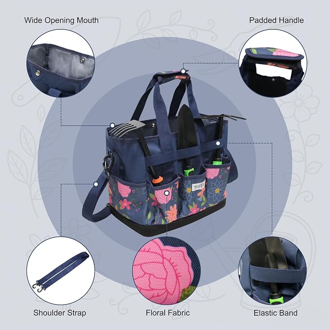 Garden Tool Bag with Hard Bottom, Multi-Pockets Gardening Tote with Shoulder Strap, for Women Outdoor Yard Plant Work Gift (Tools Not Included) (Blue Floral)