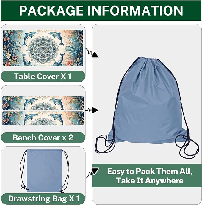 Picnic Table Cover with Bench Covers Elastic Edges, Coastal Camper Fitted Table Cover, Outdoor Camping Essentials 72 Inch 3PCS, Waterproof Camping Fitted Tablecloth with Drawstring Bag