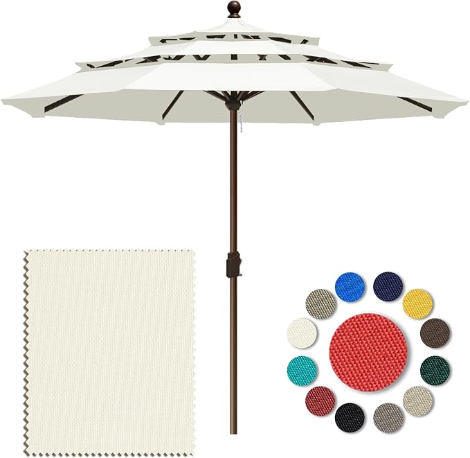 Eurmax USA 10-Year-Non-Fading 10FT 3-Tier Outdoor Patio Market Umbrella,UPF50+ UV Resistant,Heavy Duty Commercial Grade,Crank Lift Design,Windproof Vented Top for Garden,Pool,Deck,Natural