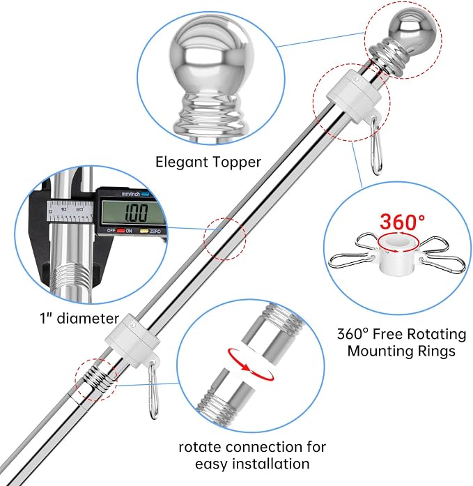 ZMTECH 6FT Flag Pole for Outside House with Solar Light | Tangle Free Stainless Steel USA Flag Pole Kit, 180° Adjustable Holder for Outside House Yard, Silver (No Flag Included)