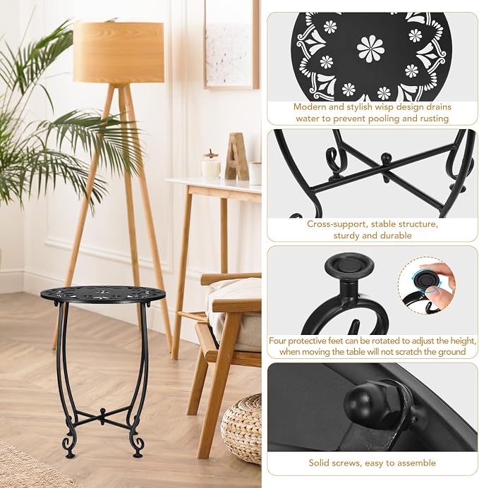 2 Pack Small Outdoor Side Tables for Patio, 14 Inch Metal Patio Side Table, Weather Resistant Steel Outdoor Round End Table for Patio Porch Garden Yard Balcony, Black (Flower)