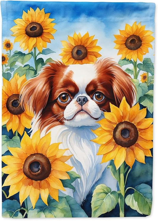 Caroline's Treasures DAC6104CHF Japanese Chin in Sunflowers House Flag Large Porch Sleeve Pole Decorative Outside Yard Banner Artwork Wall Hanging, Polyester, House Size, Multicolor