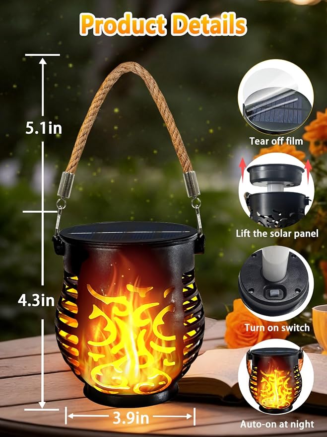 4 Pack Solar Lights Outdoor Waterproof Hanging Solar Lanterns Flame Lights | Flickering Flame, IP65 Waterproof, Auto On/Off Solar Powered, Hemp Rope Handle, Outdoor Indoor Garden Camp Yard Tree Decor