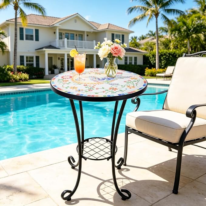 Mosaic Outdoor Side Table Small Round Patio Table Plant Stand | 21" Accent End Table with 14" Ceramic Tile Top for Small Spaces Porch Pool Garden Decor Indoor Living Room Bedroom Balcony
