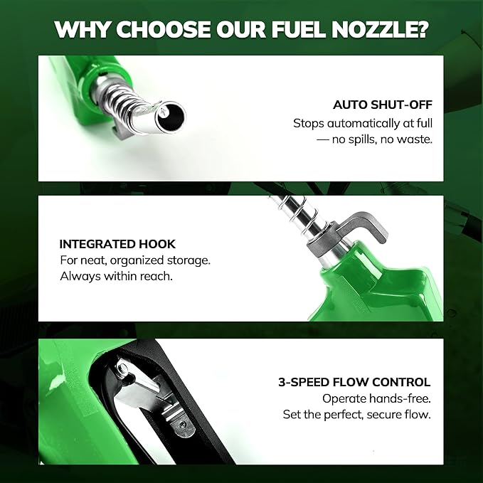 3/4" Green NPT Fuel Transfer Nozzle Kit, High Flow Auto Shut-Off Fuel Nozzle with 360° Hose Swivel, Suitable for Diesel, Gasoline, Kerosene (13/16" Spout, 3 Gear Padlock, 16 GPM)