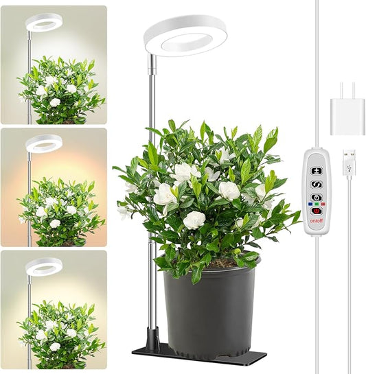Aokrean Halo Grow Lights with Base for Indoor Plants Growing, Full Spectrum | 48 LEDs White 1-Pack, 2 Installation Ways, 6.5-26 in Height Adjustable, 3 Lighting Modes, Auto Timer 3/9/12Hrs, 10 Brightness
