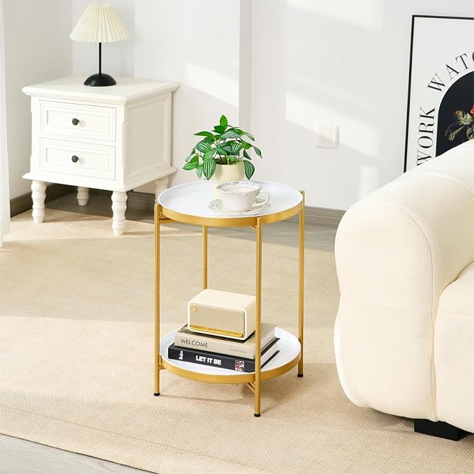 2-Tier Round End Side Table, Small Metal Side Table with Removable Tray, Folding Accent Tables for Living Room, Balcony, Nightstand for Bedroom, Outdoor Tables for Patio, Gold&White