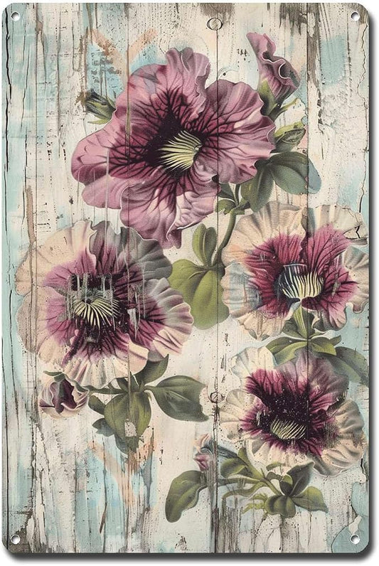 Metal Sign Tin Sign Vintage Wall Art Shabby Chic Petunias Tin Sign for Rustic Garden Art Vintage Flowers and Corrosion Resistant Alumi Tin Signs for Garden for Home Decor 8×12 Inches