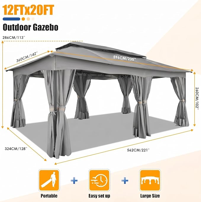 COBIZI Gazebo 12x20 FT Outdoor Gazebo on Clearance with Double Ventilated Arc Roof, Privacy Curtains & Mosquito Netting, Easy Set up Canopy Tent with Stable Metal Frame for Patio Gray