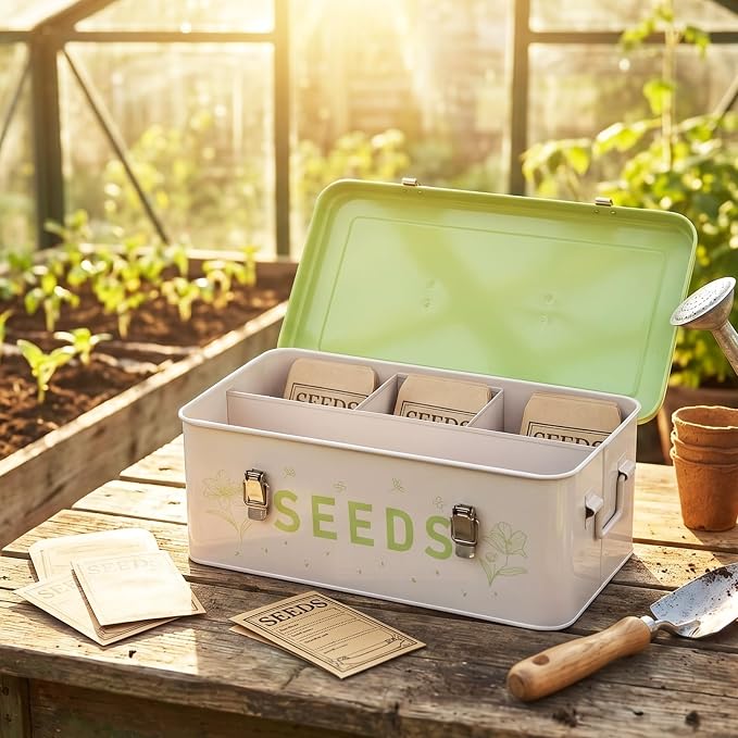 Seed Storage Organizer Box – Large Metal Seed Box with Dividers, 50 Envelopes, 100 Plant Labels, 50 Clips & Marker Pen | Seed Packet Container for Garden