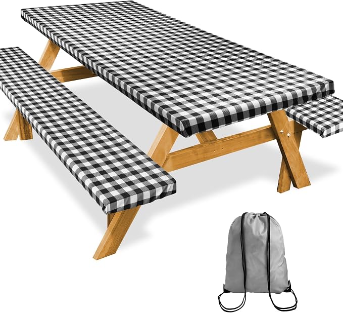 Picnic Table Cover with Bench Covers Camping Essentials Reusable Waterproof Windproof Camping Tablecloth Fitted Rectangle Tables and Seats, 72in, Black Checkered