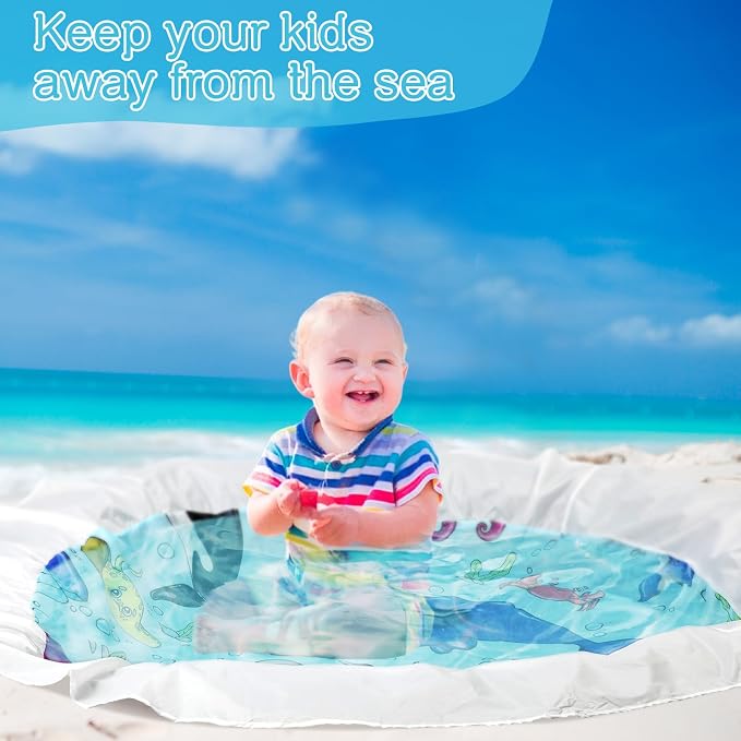 Tondiamo Baby Beach Pool for Toddler Kids Waterproof Foldable, 6.6 x 6.6 ft | 2 in 1 Sandproof Play Blanket, Portable Outdoor Vacation Summer, Mini Splash Pad, Quick Setup with Drawstring