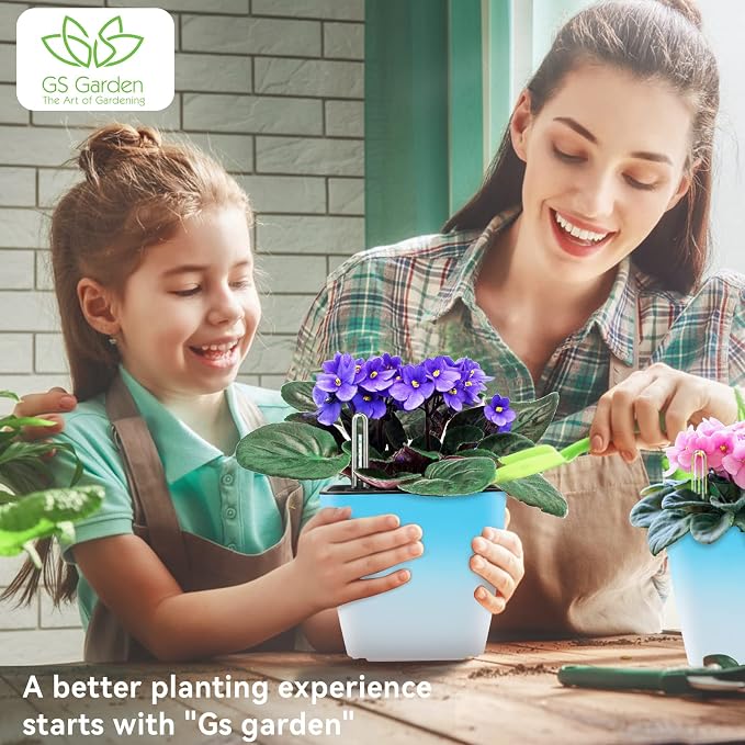 Self Watering Planters for Indoor Plants, 5.2 Inch 3 Pack Square Plastic Plant Pots with Water Level Indicator & Drainage System for African Violet Herbs Succulents - Gradient Blue