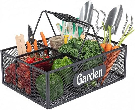 Garden Tool Storage, 4 Compartments Metal Mesh Garden Caddy, Portable Garden Basket with Handles, Gardening Tool Organizer for Indoor and Outdoor, Gardener Gift for Gardening Lovers, Black