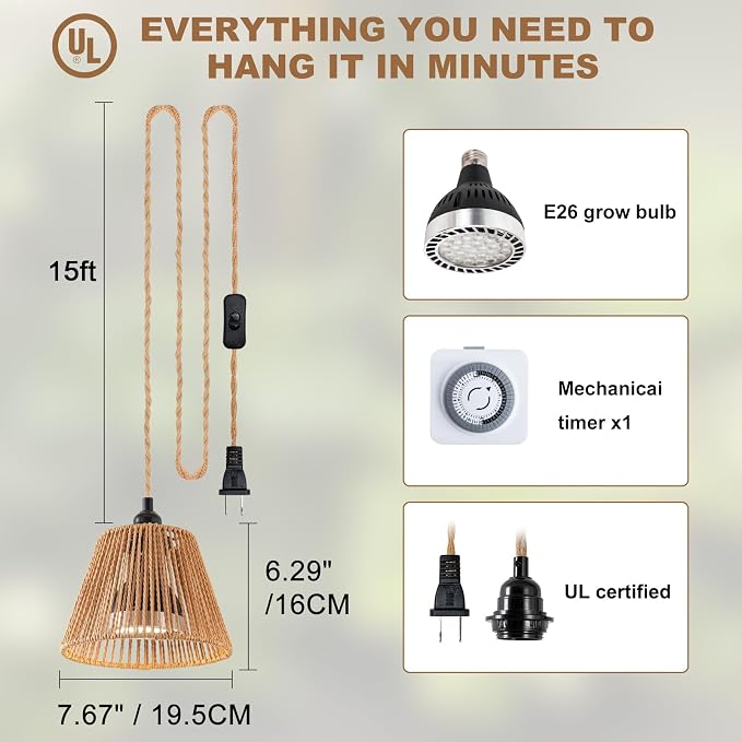 Hanging Grow Lights for Indoor Plants, Full Spectrum Grow Light, with Timer and 15FT Power Cord, 30W Pendant Plant Lights for Indoor Growing, Garden, Flowers, Greenhouse
