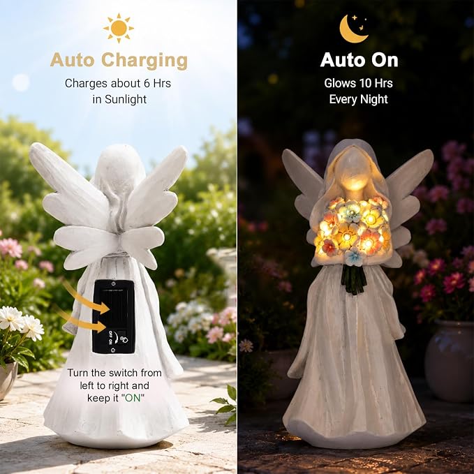 Solar Angel Statue with Bouquet LED Light Garden Decor | Hand-held flower bouquet design, solar powered LED auto-on at dusk, gifts for mom grandma, for patio yard lawn porch