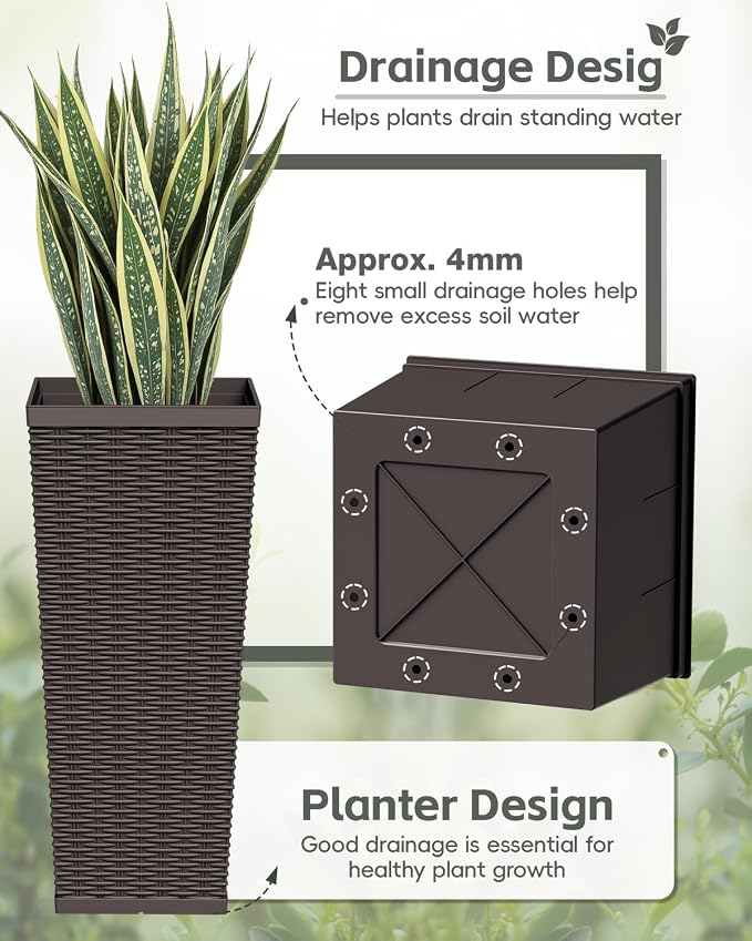 Greesum 30 Inch Tall Plastic Planters (Set of 2), Extra Large Outdoor Flower Pots with Detachable Inner Pot & Drainage Holes for Large Plants, Trees, Patio, and Garden, Brown