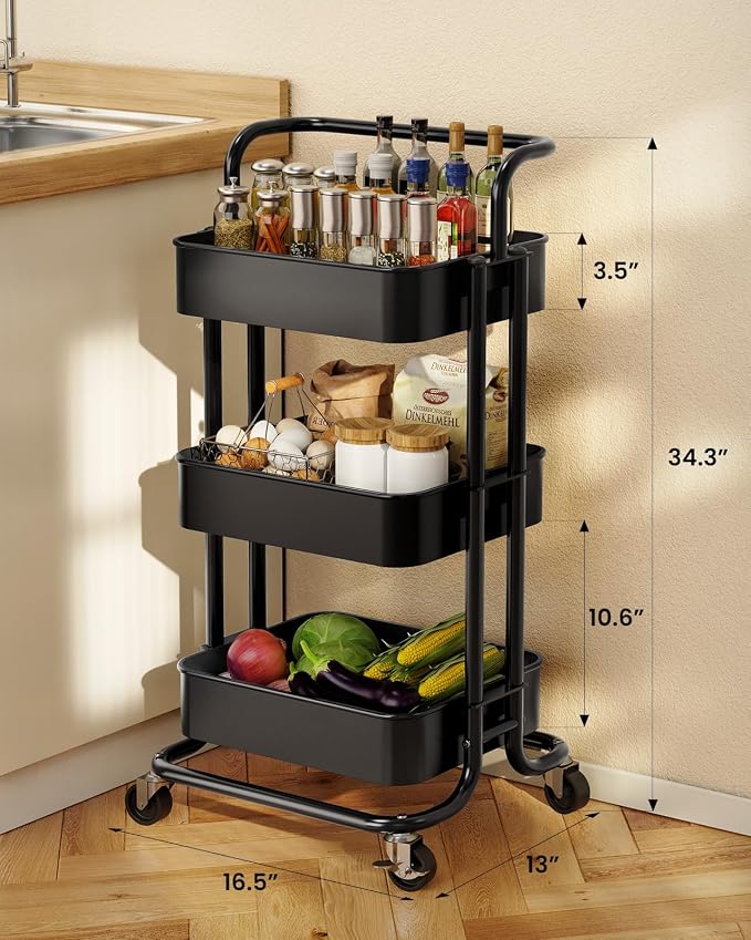 Pipishell 3 Tier Rolling Cart, Metal Utility Cart with Wheels and Handle, Rolling Storage Cart for Nursery Room, Living Room, Painting Room, Office and Kitchen, Black