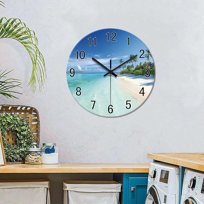 XFM Blue Beach Wall Clocks Battery Operated 14 Inch Round Glass | Coastal Nautical Tropical Modern Decorative for Living Room Bedroom Kitchen Office Silent Non Ticking